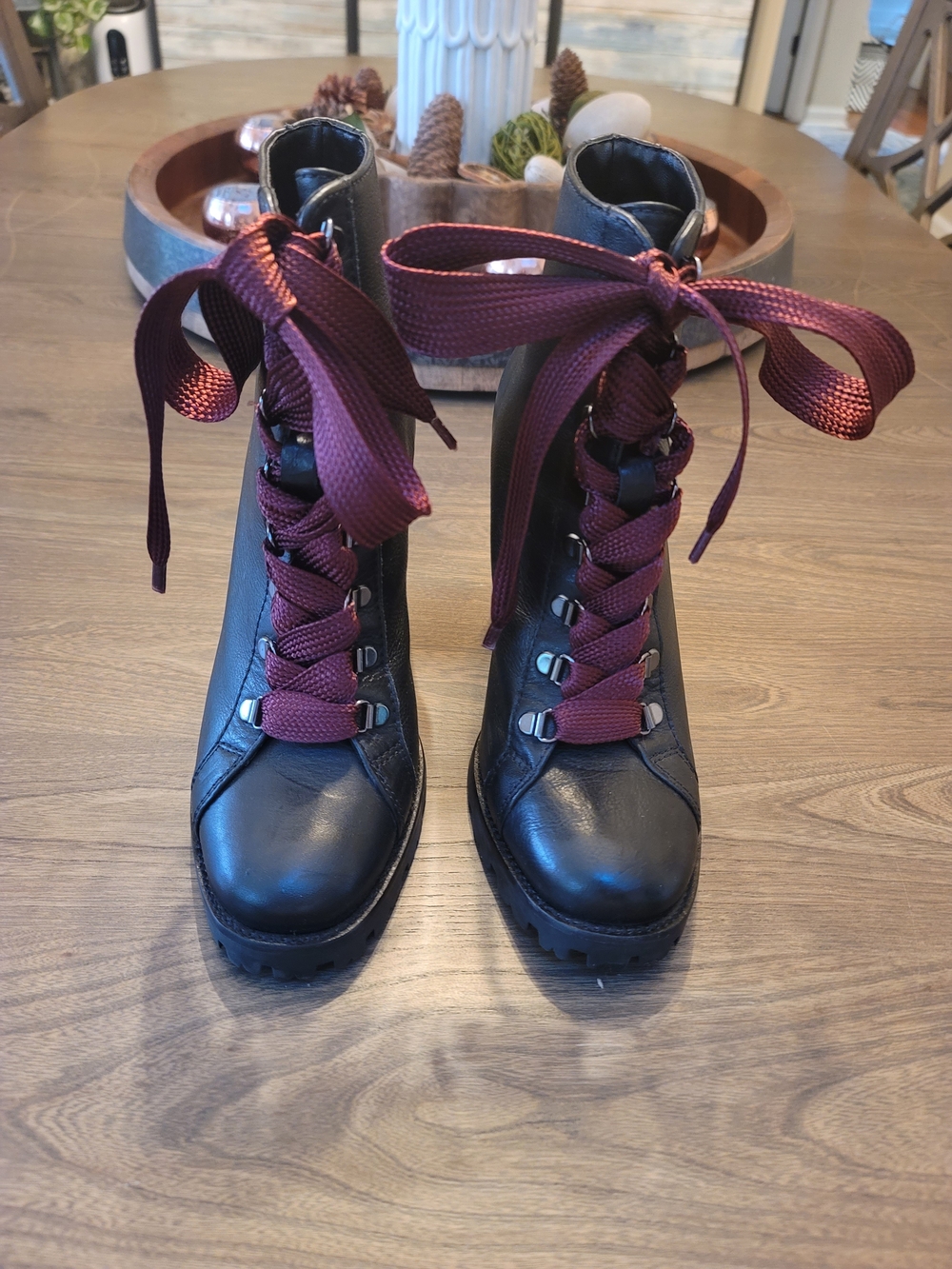 Schultz Black Ankle Combat Boots with Burgundy Ribbon Laces
